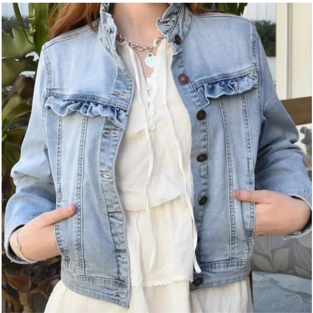 Light Blue Denim Jacket with Ruffle Detail